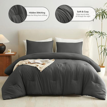 CozyLux Queen Comforter Set Dark Grey, 3 Pieces Solid Comforters Queen Size Breathable Quilted Bedding Sets, Dark Gray Luxury Soft Lightweight Bed Set with Down Alternative Comforter and 2 Pillowcases