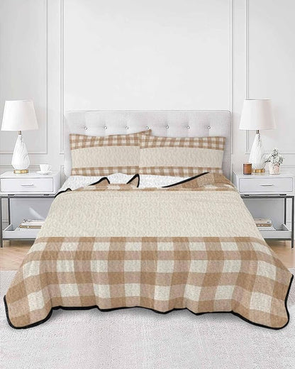 Quilts King Size, Retro Brown Soft Comforter Bedding Set for Bed, Farmhouse Buffalo Plaid Vintage Beige Lightweight Quilted Bedspread with Pillow Cover(2 Pieces) for All Season, 96x106 Inch