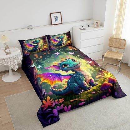 Cute Dragon Comforter Set Twin Size Mushroom Floral Butterfly Bedding Set Bedroom Decor for Kids Boys Girls Fantasy Purple Orange Wings Dragon All Season Blanket Gift Dragons Lover Son Birthday,2Pcs