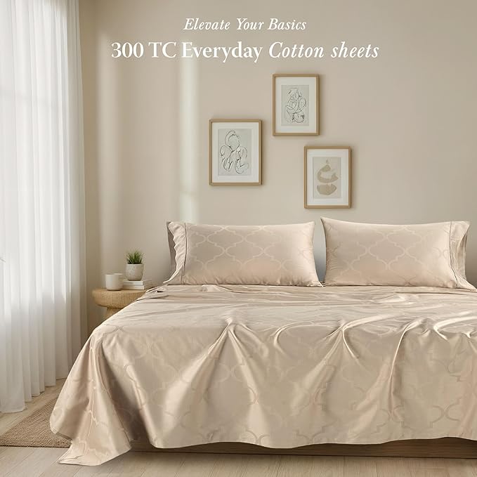 Threadmill 100% Cotton Sheets for King Size Bed | 4 Pc King Bed Sheets Set | Soft, Breathable Lightweight Damask Sateen for All-Season Use | Snug Fit Elastic Deep Pocket King Sheets | Beige