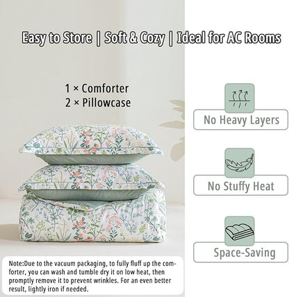 Floral Cotton Comforter King Size - Botanical Wildflower Pattern with Soft Pestel Accents on White, Textured Dusty Green Back, 3PC Lightweight Bedding Set with Down Alternative Fill(104"×90")