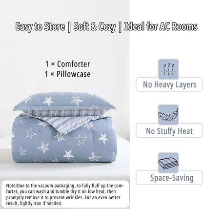 Blue Cotton Comforter Twin Size 2Pcs - White Doodle Style Stars on Denim Blue Front, Gray Stripes on Back, Reversible Lightweight Bedding Sets with Soft Fill(1 Comfoter, 1 Pillowcase)