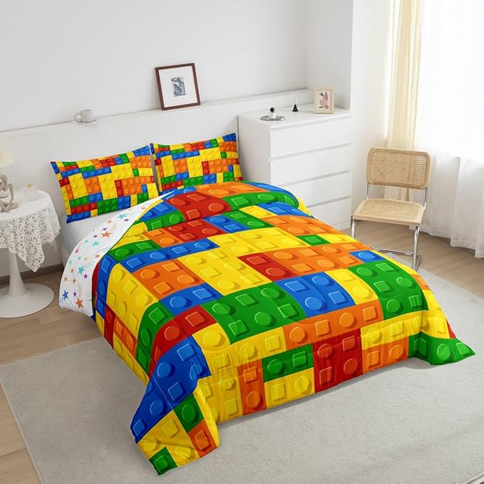 Feelyou Games Comforter Set Queen Building Blocks Bedding Set for Kids Boys Girls Colorful Geometric Toy Brick Comforter Gaming Nursery Quilt Duvet Set with 2 Pillowcase Boys
