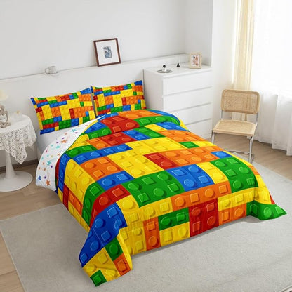 Feelyou Games Comforter Set King Building Blocks Bedding Set for Kids Boys Girls Colorful Geometric Toy Brick Comforter Gaming Nursery Quilt Duvet Set with 2 Pillowcase Boys