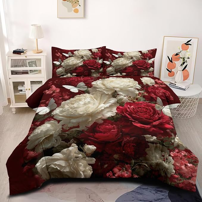 Women Vintage Red and White Rose Comforter Set, Twin Size 2-Piece White Butterfly Comforter Sets for Girls Room Decor, 1 Comforter 68"x 90", 1 Pillowcase, Soft Microfiber All Season
