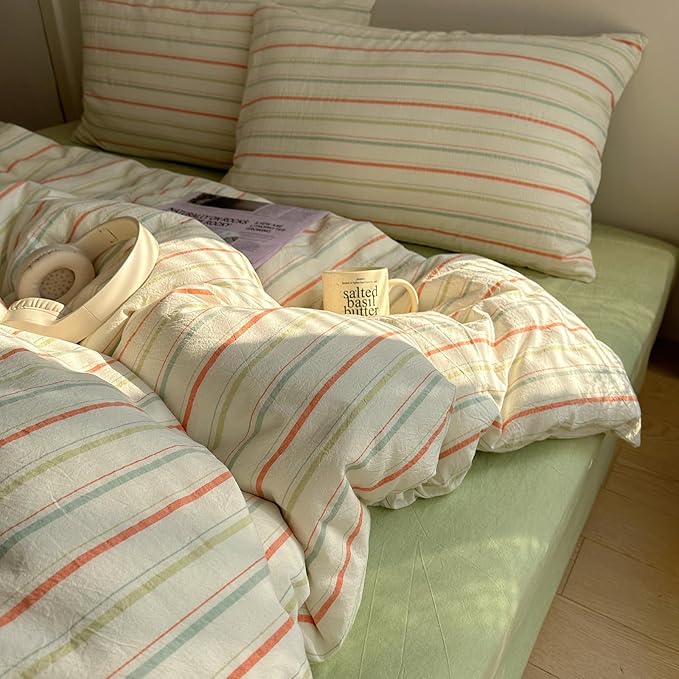 EAVD Vintage Colorful Striped Comforter Set King Soft Cotton 3-Piece Retro Vertical Striped Bedding Set with 2 Pillowcases Boho Geometric Comforter Set for All-Season(Orange&Yellow&Green, King)