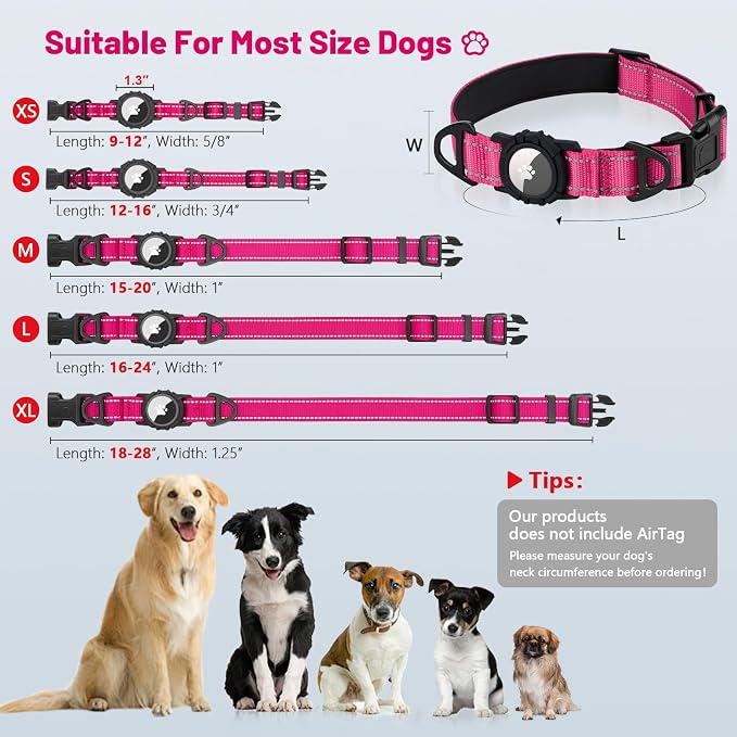 Taglory AirTag Dog Collar with Waterproof Holder for Small Dogs, Hot Pink S | Reflective for Night Walks & Low-Light Safety, Track Your Pup Peace of Mind, Adjustable Soft Padded, No More Dangling Tags