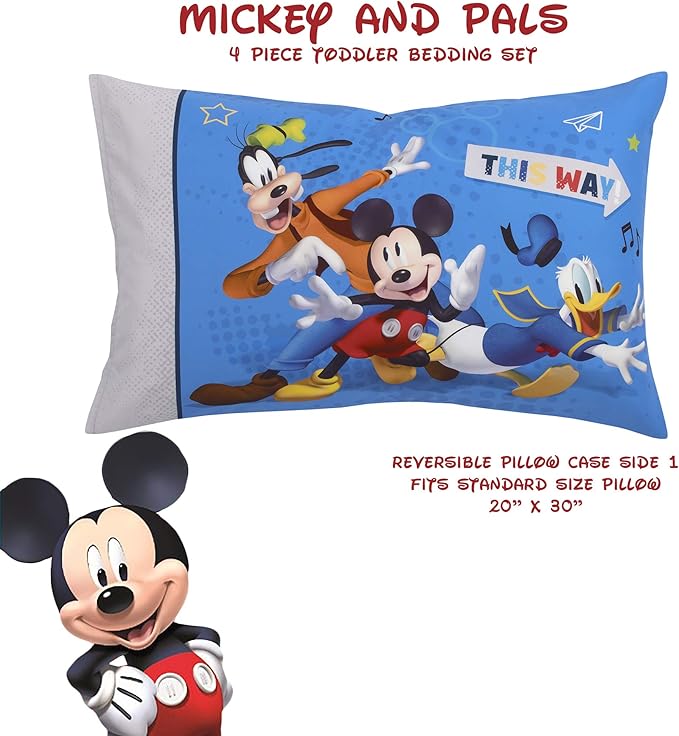 Disney Mickey Mouse and Pals 4 Piece Toddler Bedding Set - Fitted Sheet, Pillow Case, Top Sheet, and Comforter Quilt - Blue