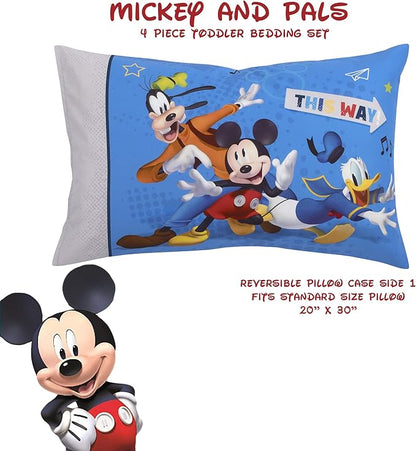 Disney Mickey Mouse and Pals 4 Piece Toddler Bedding Set - Fitted Sheet, Pillow Case, Top Sheet, and Comforter Quilt - Blue