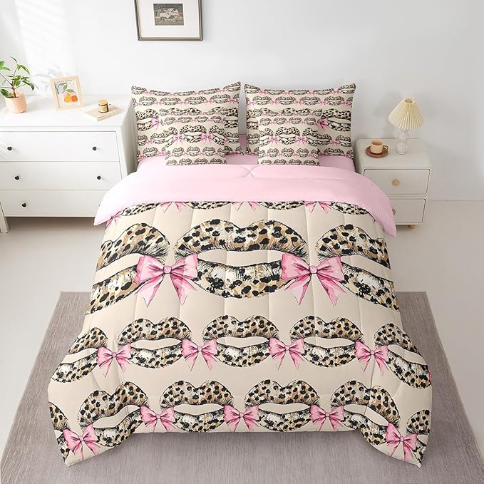 jejeloiu Leopard Kiss Lips Bedding Set 7Pcs King Size Kids Pink Bow Comforter Set with Sheets for Boys Girls Vintage Bed in a Bag Soft Lightweight,Microfiber