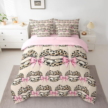 jejeloiu Leopard Kiss Lips Bedding Set 7Pcs Queen Size Kids Pink Bow Comforter Set with Sheets for Boys Girls Vintage Bed in a Bag Soft Lightweight,Microfiber