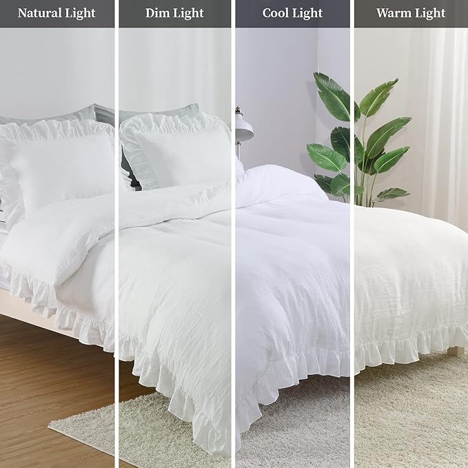 CAROMIO White Ruffle Duvet Cover Queen Size, 3PCS Soft Washed Microfiber Vintage French Country Duvet Cover Set for Queen Bed, White, 90x90 in