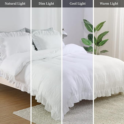 Ruffle Duvet Cover King Size, 3PCS Soft Washed Microfiber Vintage French Country Duvet Cover Set with Button Closure, White, 104x90 in