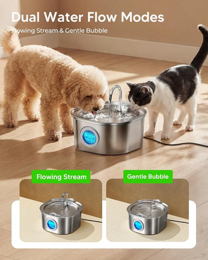 PEKTACO Stainless Steel Cat Water Fountain, 3.2L/108oz with 6 Filters | Cat water dispenser, dishwasher safe, with triple filtration, quiet pump, and visible water window for cats and small pets