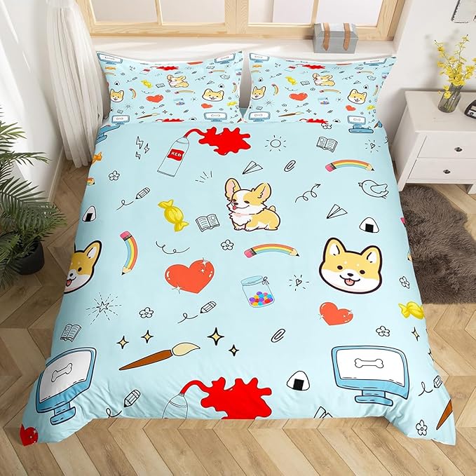 Cartoon Dog Bedding Set Full Size,Hippie Graffiti Painting Duvet Cover for Teenagers Bedroom Decor,Kawaii Puppy Pet Theme Bed Set of 3 Piece with Zipper Closure,No Comforter
