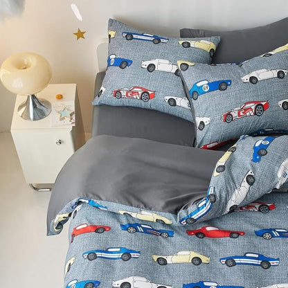 Wake In Cloud - Race Car Bedding Set for Boys, Cute Colorful Sports Car Supercar Wheels Comforter Set with Sheets, 5 Pieces Kids Bed in a Bag, Gray, Twin Size