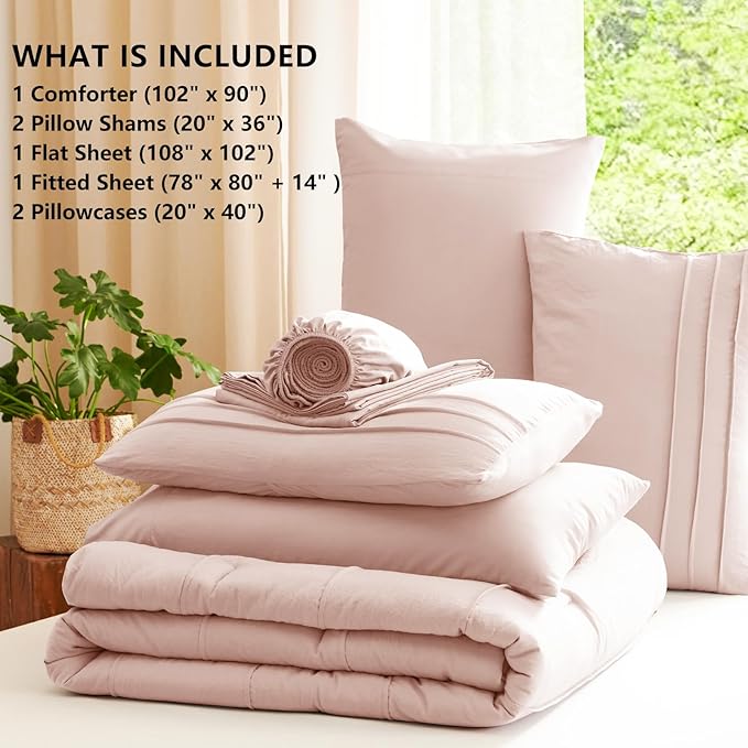 CozyLux King Size Comforter Set Pink, 7 Pieces Soft Pinch Pleat Bed in a Bag King Comforter Set with Sheets, Boho Bed Set with Down Alternative Comforter, Sheets, Pillowcases & Shams