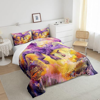 Purple Dragon Bedding Set Full Size,Cartoon Animal Comforter Set for Kids Boys Girls Room Decor,Watercolor Abstract Art Duvet Insert 3Pcs,Jungle Flying Dragon Wildlife Quilt Set,2 Pillowcases