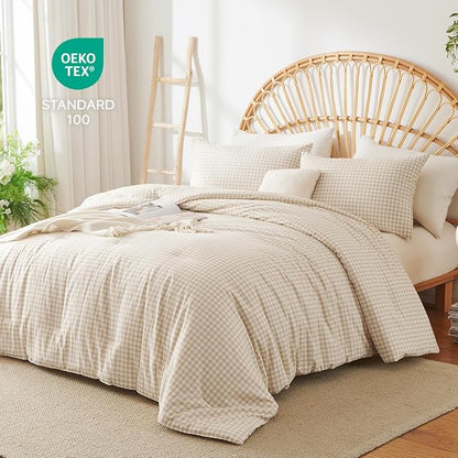 Gingham Comforter Set Queen Size - 3 Pieces Beige White Gingham Comforter Bedding Sets Checkered Pattern,Queen Bed in a Bag with Plaid Comforter and 2 Pillowcases