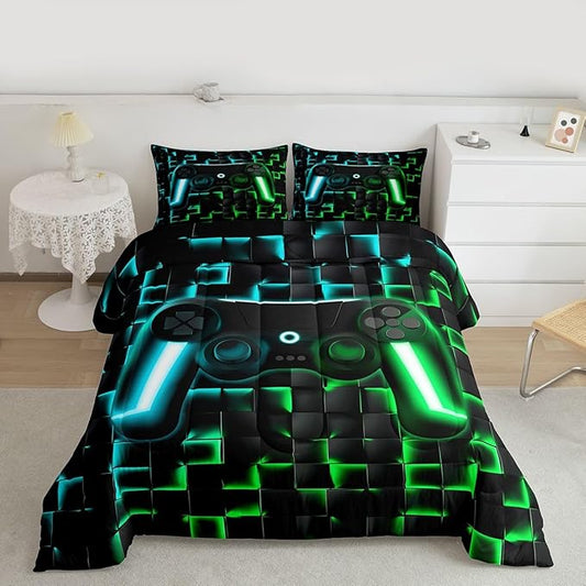Erosebridal Gaming Full Comforter Set for Boys Kids Gamer Bedding Sets 3D Geometric Ombre Gamepad Bed Comforter Set for Teen Men Neon Lights Video Game Quilt Duvet Soft Lightweight for All Season
