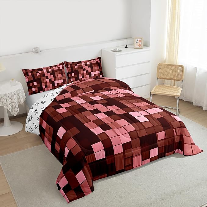 Miners Pixel Checked Kids Bedding Set King Size,Video Games Check Lattice Comforter Set，Game Cartoon Gamepad Quilt Comforter,Dark Red Bedroom Duvet Insert,2 Pillowcases