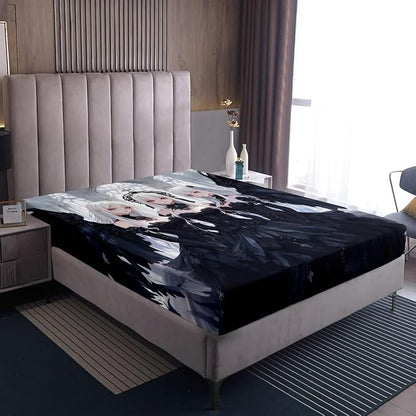 Erosebridal Japanese Anime Twin Size Fitted Sheet, Anime Girl Bedding Set Kawaii Japanese Style Bed Sheets Cartoon Japan Animation Bed Set for Boys Teens Adult Women Bedroom Decor, Black