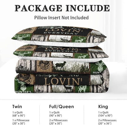 Quilt Set King Size, Cabin Deer Animal Tree 3 Pcs Soft Bed Cover Bedding Set for Kids and Adults, Rustic Mountains Gray Lightweight Bedspread Coverlet with Pillow Sham for All Season