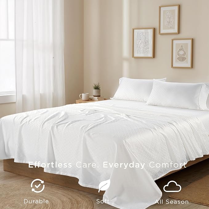 Threadmill Cotton Twin XL Sheet Set | 100% Cotton Sheets for Twin XL Size Bed | Damask Jacquard Sateen Twin XL Bed Sheets Set with 16” Deep Pocket | Soft Breathable 3-Piece Cooling Sheet Set | White