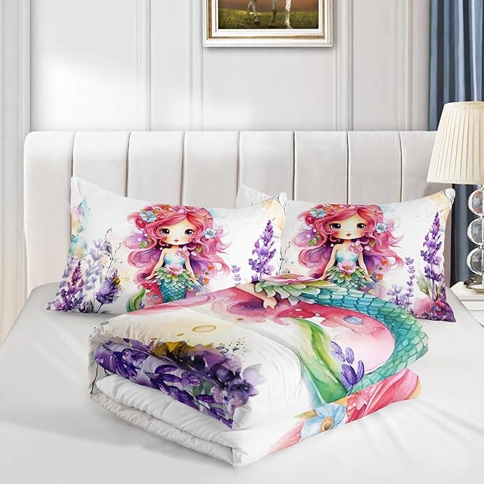 Lavender Mermaid Comforter Set for Teens Girls,Kawaii Violet 3 Pieces Bedding Set Twin,Lightweight Microfiber Violet Flowers Down Alternative Bed Set Comforter with 2 Pillowcase