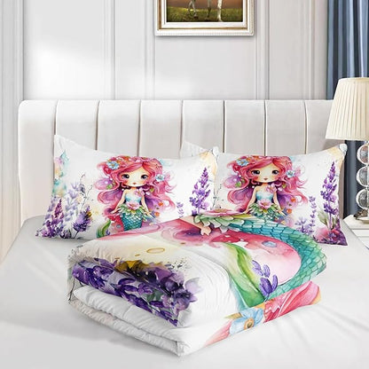 Lavender Mermaid Comforter Set for Teens Girls,Kawaii Violet 3 Pieces Bedding Set Twin,Lightweight Microfiber Violet Flowers Down Alternative Bed Set Comforter with 2 Pillowcase