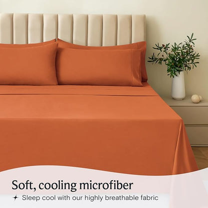 LuxClub 4 PC Queen Sheet Set, Queen Size, Deep Pockets 18" Wrinkle Free Cooling Sheets Machine Washable Hotel Bedding Silky Soft - Autumn Orange Queen
