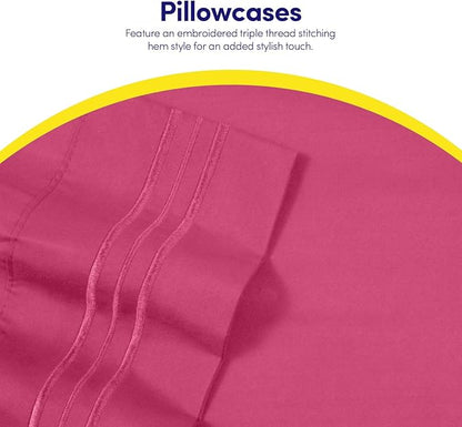 California King Size Sheet Set with Built-in Sheet Straps - Deep Pocket Fitted Sheet, Flat Sheet & Pillowcases - Soft, Wrinkle-Free, Secure Fit - Fuschia
