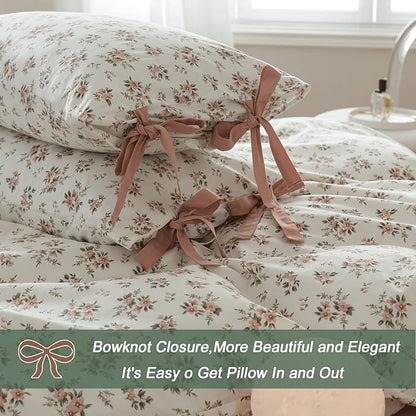 VM VOUGEMARKET Pink Flower Duvet Cover Set Twin 3 Pieces Girls Cottagecore Bedding Set 100% Cotton Peach Floral Comforter Cover with Zipper Closure,Vintage Country Bedding-68x86 Inch