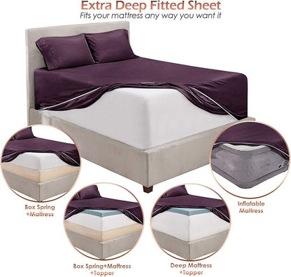 Hearth & Harbor Extra Deep Pocket Sheets - Fits Mattress 18-24 Inches Deep - Extra Deep Pocket Split King Size Sets - 7 Piece Split King Size - Eggplant