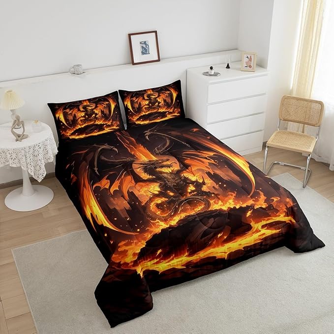 Castle Fairy Dragon Boys Kids Comforter Set Full Size,Orange Fire Western Animals Duvet Set Room Decor,Flames Dragon Brushed Microfiber Soft Bedding Comforter