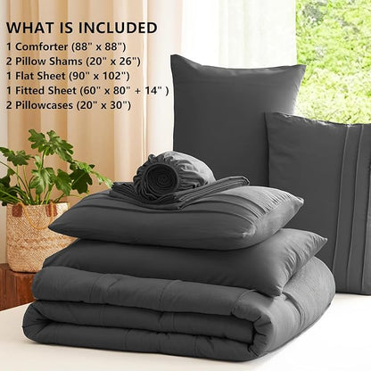 CozyLux Queen Comforter Set Dark Grey, 7 Pieces Soft Pinch Pleat Bed in a Bag Queen Comforter Set with Sheets, Boho Bed Set with Down Alternative Comforter, Sheets, Pillowcases & Shams