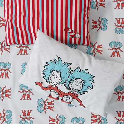 Dr. Seuss Cat in The Hat Kids Bedding, 5 Piece Twin Bed Set, Soft Cozy Reversible Comforter and Sheet Set with Sham, Officially Licensed Product by Franco
