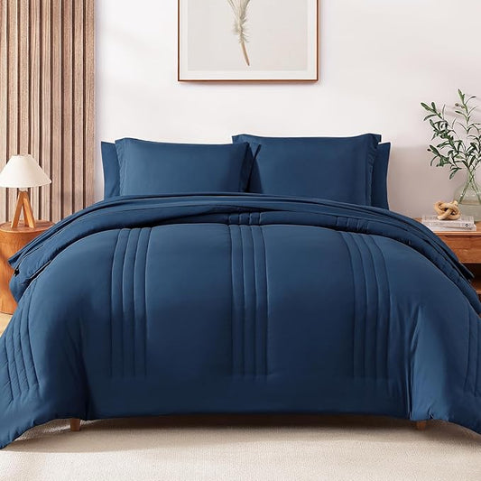 Monbix Queen Comforter Set - 7 Pieces Serenity Blue Bed in a Bag, Queen Size Bedding Sets with Comforters, All Seasons Comforter with Sheets,Pillowcases & Shams
