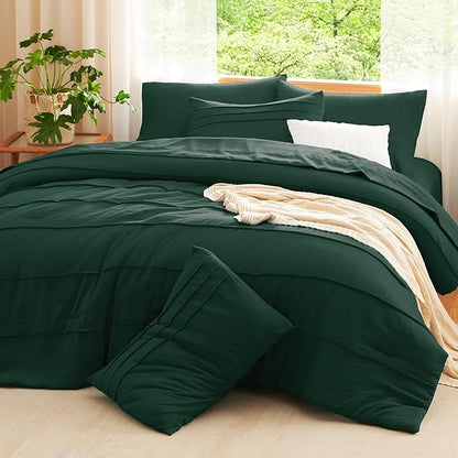 CozyLux Queen Comforter Set Emerald Green, 7 Pieces Soft Pinch Pleat Bed in a Bag Queen Comforter Set with Sheets, Boho Bed Set with Down Alternative Comforter, Sheets, Pillowcases & Shams