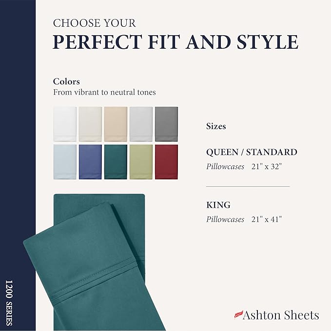 Ashton Sheets 100% Egyptian Cotton Queen Pillow Cases Set of 2 - Luxury 1200 Thread Count Pillow Cases Queen Size (Teal), Soft, Cooling Hotel Collection Pillowcases, Fits Queen Standard Pillow