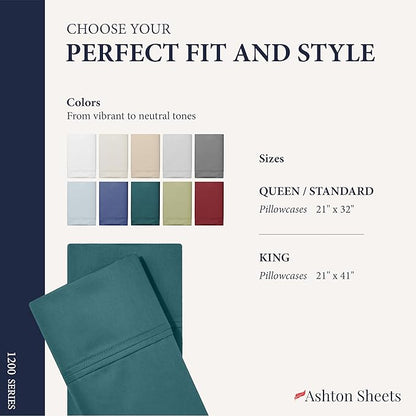 Ashton Sheets 100% Egyptian Cotton Pillow Cases King Size Set of 2 - Luxury 1200 Thread Count Sateen Weave Teal Pillow Covers, Soft & Breathable Extra Long Staple Pillowcases, Fits King Size Pillows