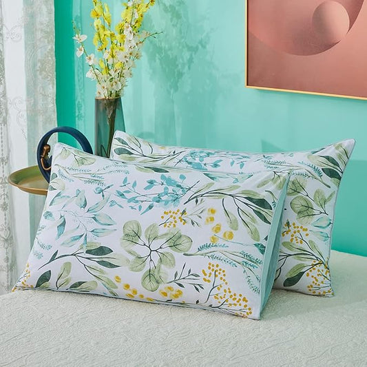 WINLIFE 100% Cotton Pillowcases Queen 2 Pack Garden Leaf Printed Pillow Cases Bed Deocrative Pillow Cover Set of 2 (Queen, Garden Leaves)
