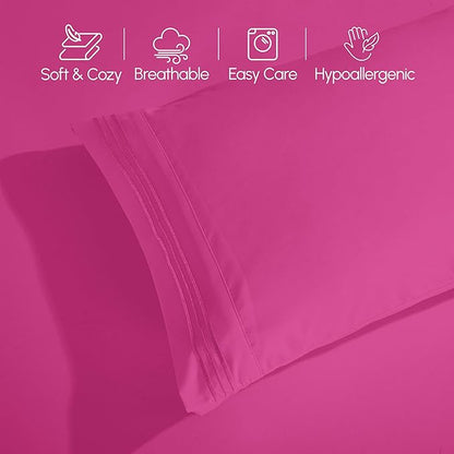 Elegant Comfort Luxurious 1500 Premium Hotel Quality Microfiber Three Line Embroidered Softest 4-Piece Bed Sheet Set, Wrinkle and Fade Resistant, Queen, Hot Pink