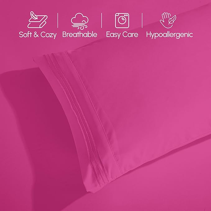 Elegant Comfort Luxurious 1500 Premium Hotel Quality Microfiber Three Line Embroidered Softest 4-Piece Bed Sheet Set, Wrinkle and Fade Resistant, Twin/Twin XL, Hot Pink