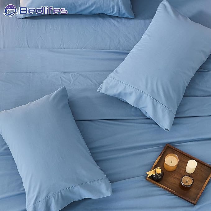 Bedlifes 100% French Pure Linen Sheets King Size Breathable and Cooling Flax Sheet Set Soft Durable and Moisture Wicking 16 Inch Deep Pocket-4 Piece(King,Flint Blue)