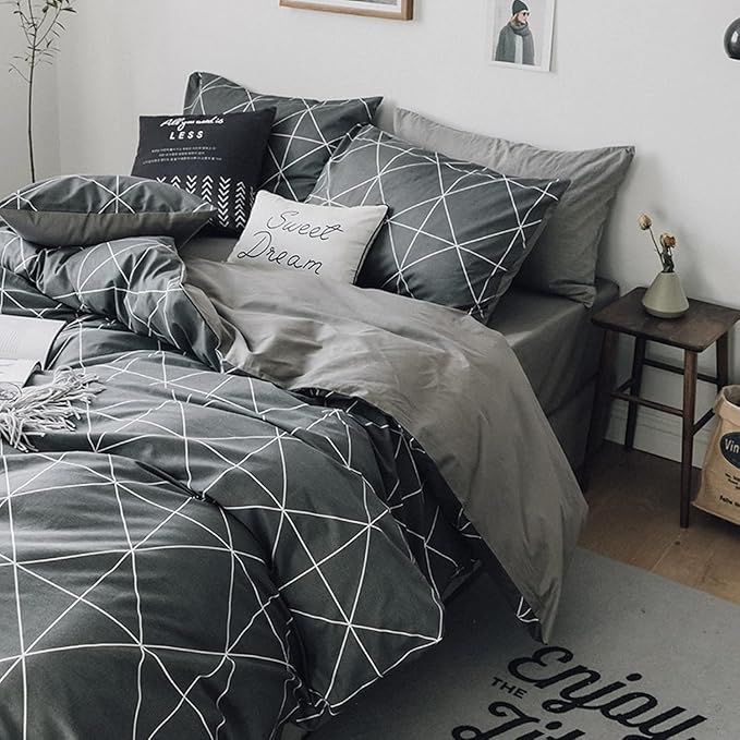 mixinni Full Size Comforter Set Soft Geometric Grey Geometric Checkered Plaid Printed Bedding Comforter for Men Boys, 1 Soft Microfiber Reversible Comforter with 2 Pillowcases for All Seasons