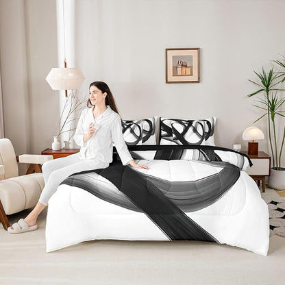 Erosebridal Abstract Modern Black White 7 Piece Comforter Set Twin Bed in A Bag Neutral Minimalist Lines Bedding Set for Boys Men Geometric Sheet Set Contemporary Art Simple Quilt Room Decor