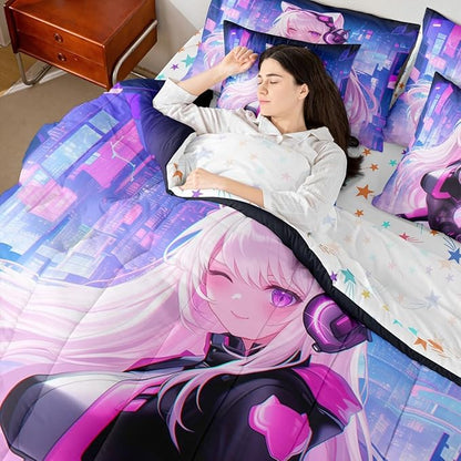 Erosebridal Twin Anime Girl Bedding Set 7 Piece, Kawaii Japanese Anime Comforter Sets Cartoon Girl Sheet Set Sci Fi Style Japanese Animation Bed in A Bag for Kids Girls Teens Adult Women Room