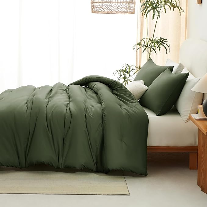 CozyLux Oversized Queen Comforter Set Olive Green, 3 Pieces 98x98 Solid Breathable Quilted Bedding Sets All Season, Luxury Soft Lightweight Bed Set with Down Alternative Comforter and 2 Pillowcases