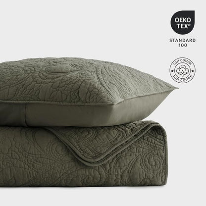 EVERGRACE 100% Cotton Paisley Quilt Set, King Size 3 Piece Set – Prewashed Lightweight Bedspread with 2 Shams, Soft & Breathable Matelasse Coverlet for All-Season Comfort, Olive Green